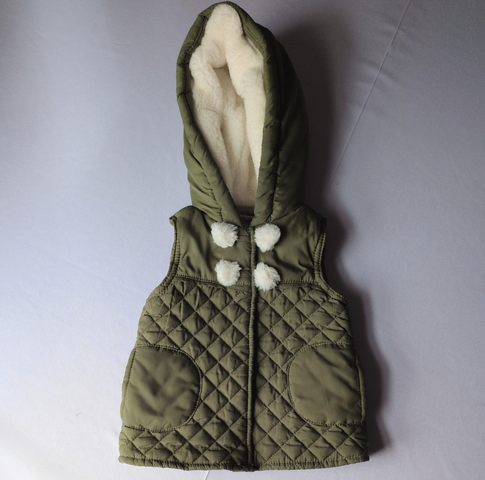 Max Studio Kids Olive Green Puffer Vest With Faux Fur Lined Hood
